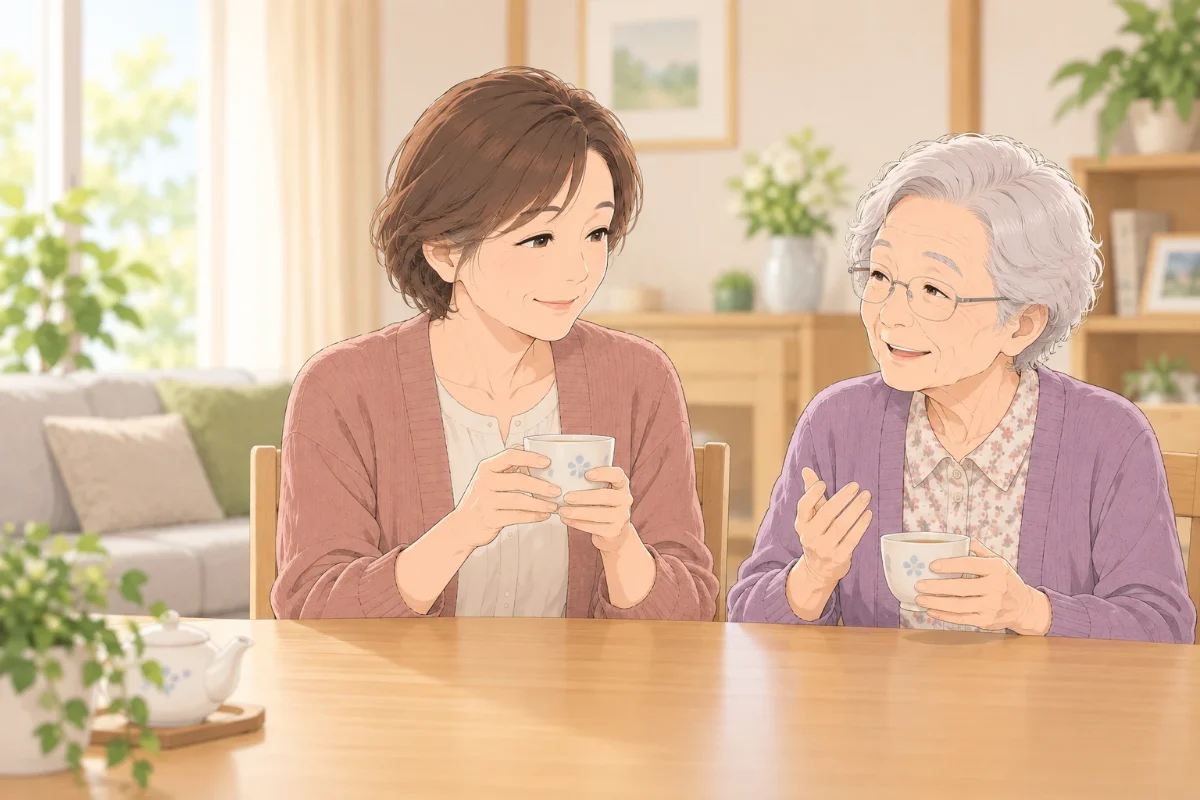 実家のリビングで、50代の娘と80代の母親がお茶を飲みながら穏やかに話しているイラスト