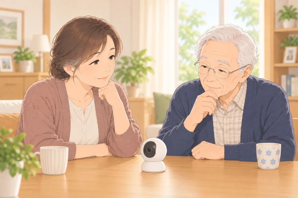 実家のリビングで、50代の娘と80代の父親がテーブルの上の小さな見守りカメラを前に、置き場所について穏やかに話し合っているイラスト