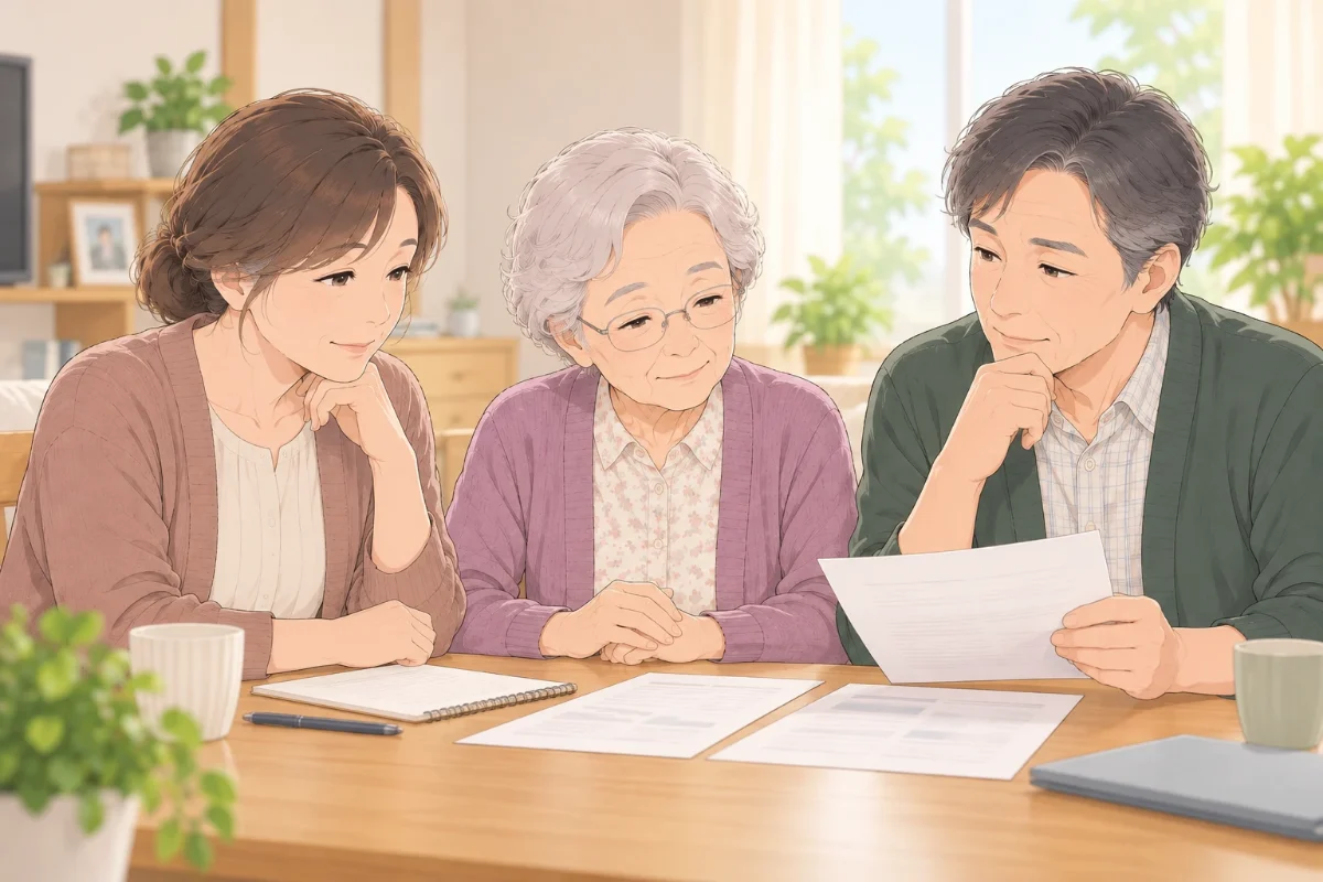 実家のリビングのテーブルで、50代の娘と50代の兄が80代の母親をはさんで座り、これからの介護について穏やかに話し合っているイラスト