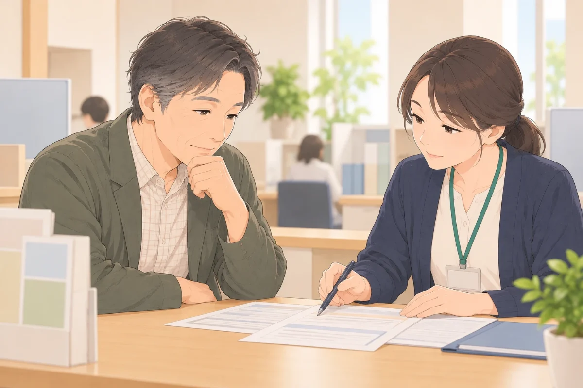 市役所の介護保険の窓口で、50代の男性が職員と一緒に申請の書類を穏やかに確かめているイラスト