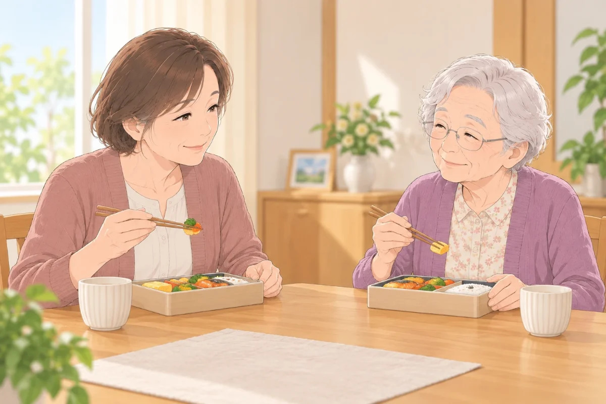 実家の食卓で、80代の母親と50代の娘が宅配で届いたお弁当を一緒に食べながら、穏やかに笑い合っているイラスト