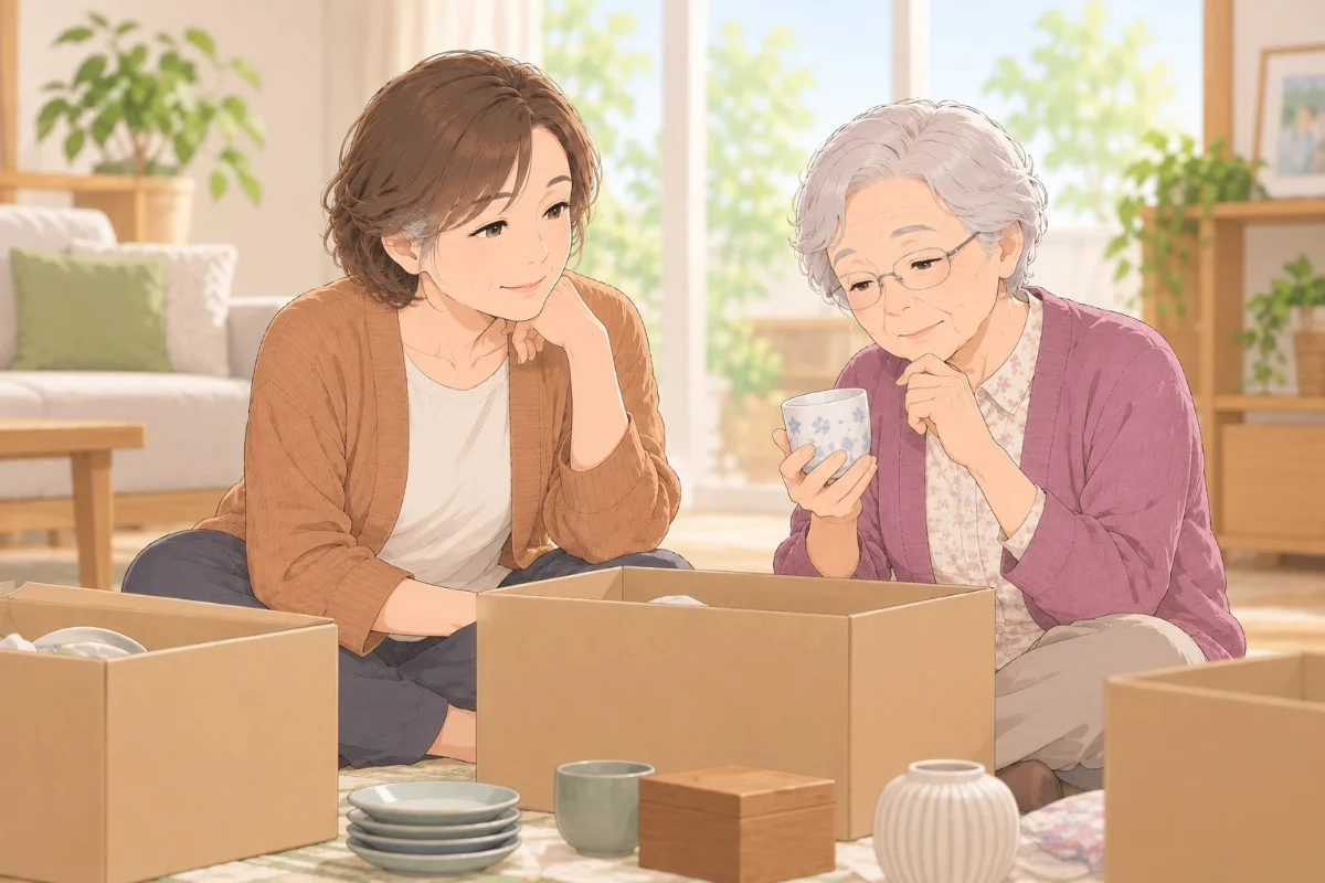 実家のリビングで、50代の娘と80代の母が段ボール箱を前に、食器や小物を一緒に仕分けているイラスト