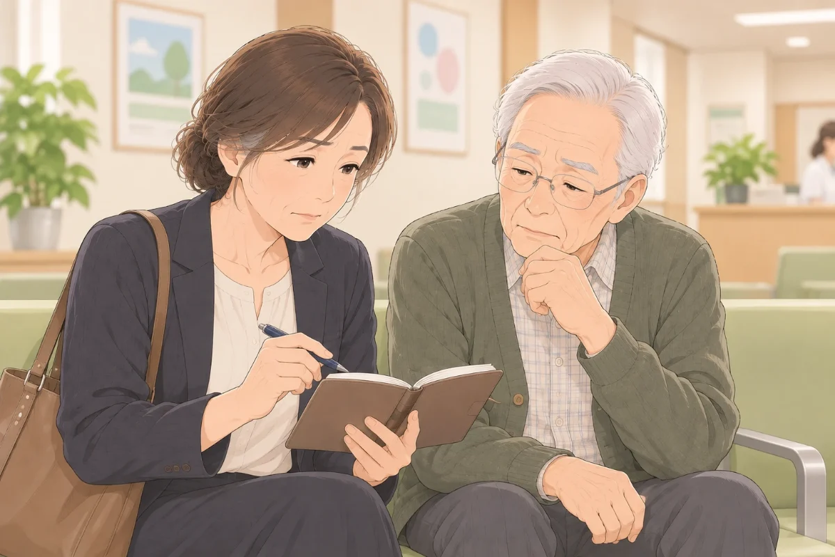 病院の待合室で、50代の娘が80代の父の隣に座り、手帳を見ながら次の通院の付き添いの予定を相談しているイラスト