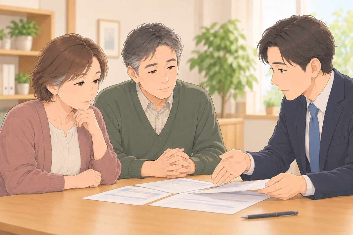 相談室で、50代の姉と弟が、テーブルの上の書類を前に、税理士の説明を落ち着いて聞いているイラスト