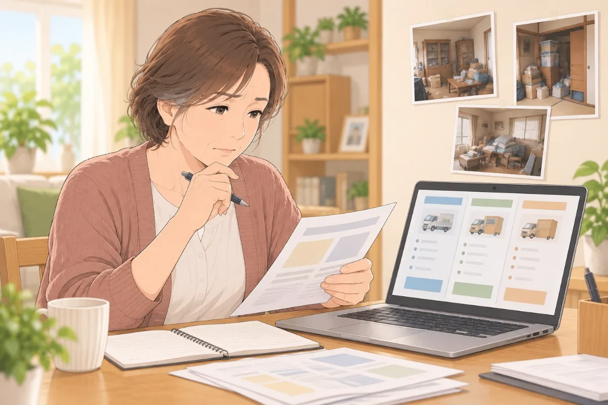 50代の女性が、ノートパソコンの見積もりの画面と書類を見比べながら、遠くの実家の片付けを業者に頼むかを考えているイラスト