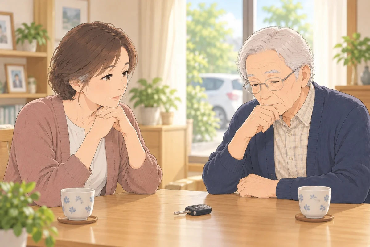 実家のダイニングで、80代の父と50代の娘が、テーブルの上の車の鍵を前に、落ち着いて話し合っているイラスト
