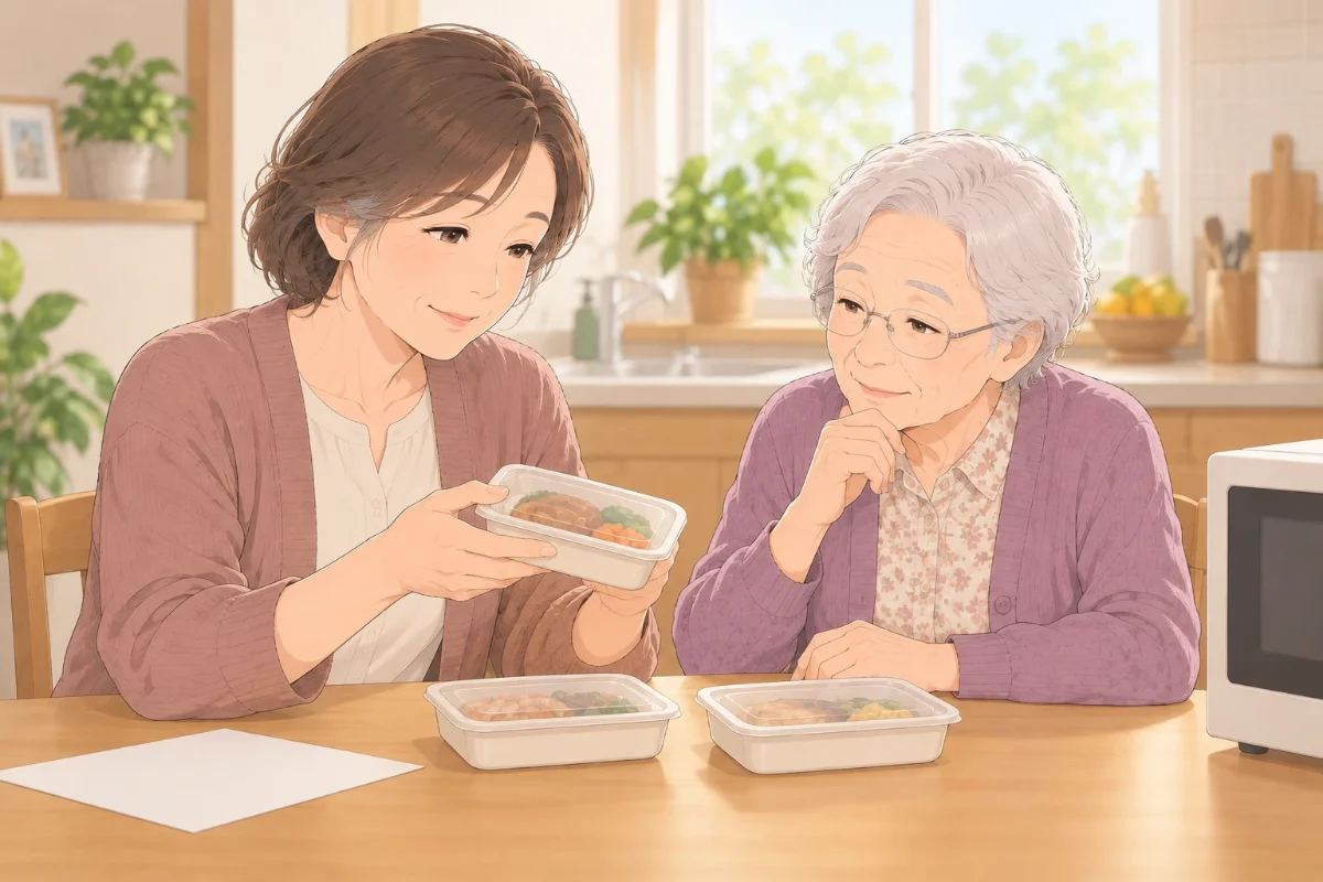 台所のテーブルで、娘と高齢の母親が冷凍のお弁当を見比べているイラスト