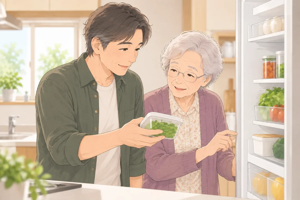 実家の台所で、50代の息子と80代の母親が冷蔵庫の中の食材を一緒に確かめながら、穏やかに話しているイラスト