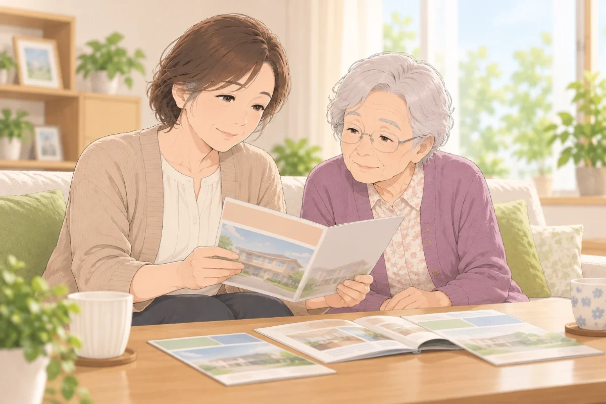実家のリビングで、50代の娘と80代の母がソファに並んで座り、老人ホームのパンフレットを一緒に見比べているイラスト