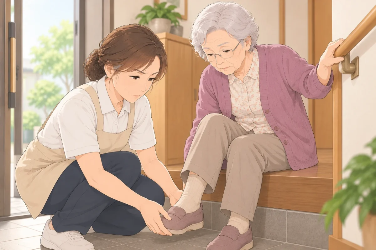 実家の玄関で、介護スタッフが、通院に出かける80代の母の靴を履く手伝いをしているイラスト