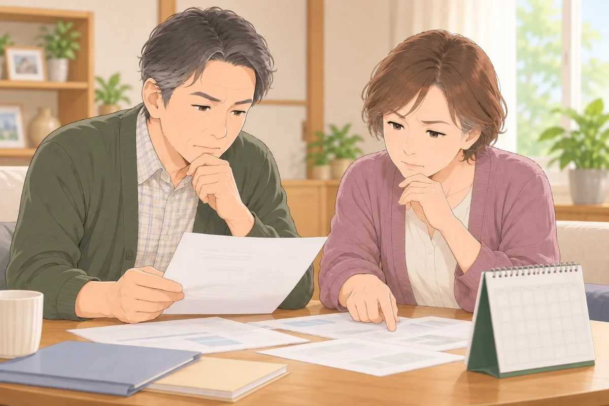 実家の居間で、50代の兄と妹がテーブルの書類とカレンダーを見ながら、亡くなった親の手続きの順番を相談しているイラスト