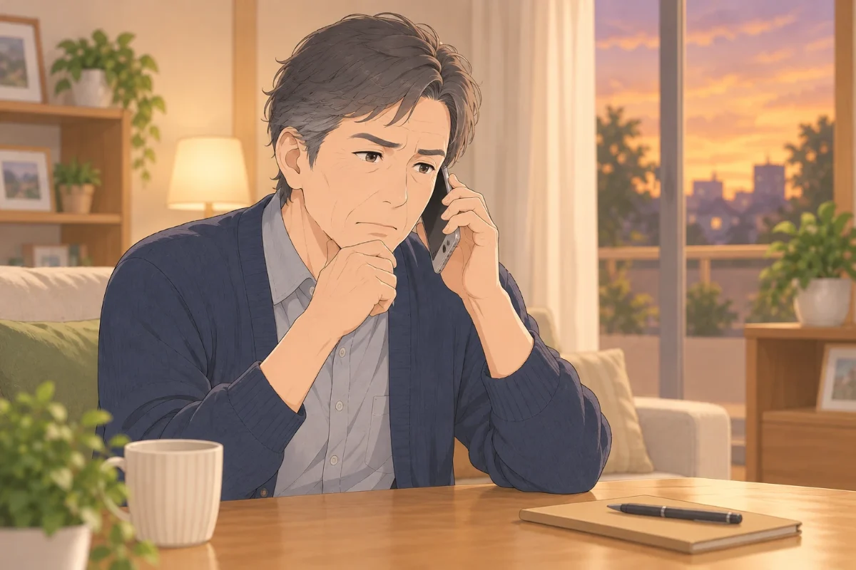 夕方の居間で、50代の男性がスマートフォンで遠くの親に電話をかけ、つながらずに心配しているイラスト