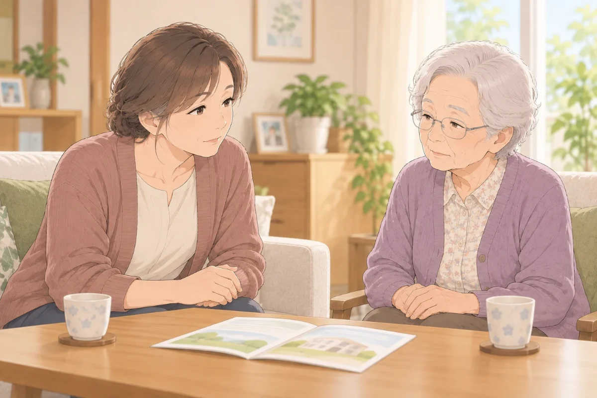 実家のリビングで、50代の娘と80代の母が、テーブルの上のパンフレットを前に、落ち着いて話し合っているイラスト