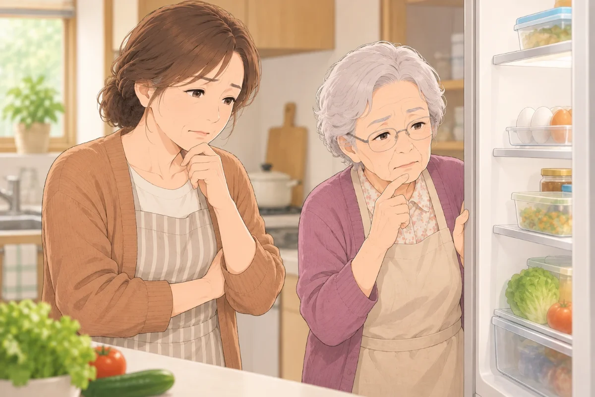 実家の台所で、50代の娘と80代の母が冷蔵庫の前に並び、これからの食事の用意を相談しているイラスト