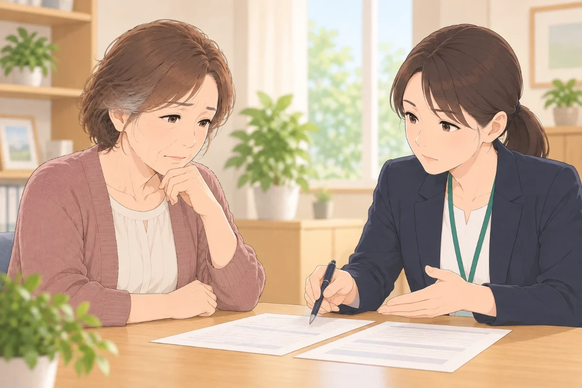 相談室で、50代の女性が、相談員の説明を書類を前に真剣に聞いているイラスト