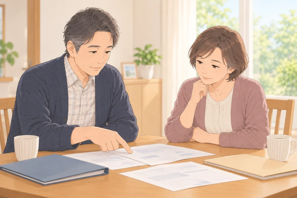 誰も住まなくなった実家のダイニングで、50代の兄と妹がテーブルの書類を前に、実家をこれからどうするか話し合っているイラスト