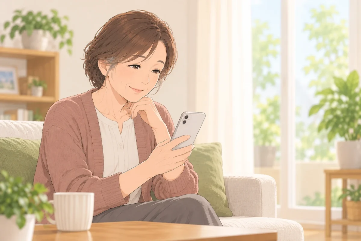 自宅のリビングのソファで、50代の女性がスマホを手に、離れて暮らす母親のことを思いながら穏やかに微笑んでいるイラスト